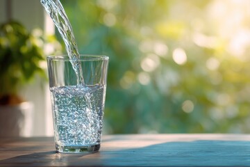 Clear glass of water being filled, sunlight streams through out-of-focus greenery