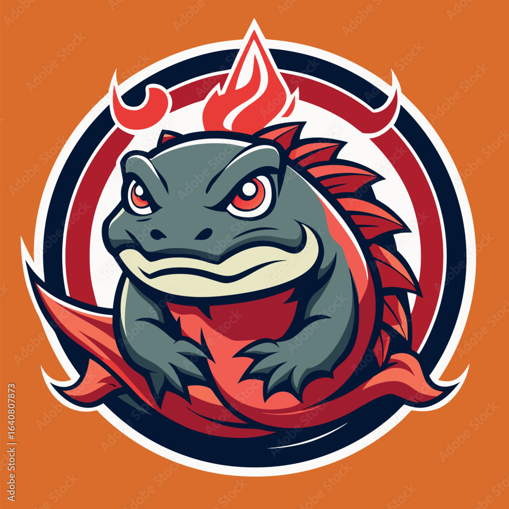 Poster cartoon lizard with red and orange backdrop, featuring flames and dynamic design elements