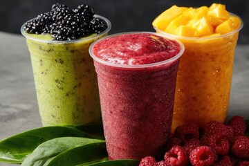 Three frosty smoothies in plastic cups, vibrant colors