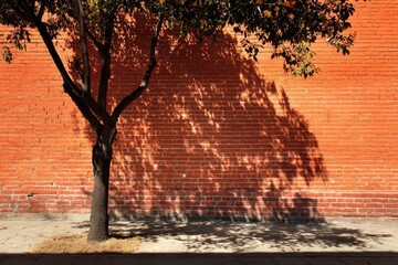 Tree casting a warm orange shadow on a brick wall