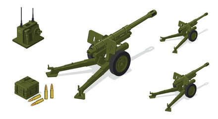Military howitzer and ammunition set in isometric green design