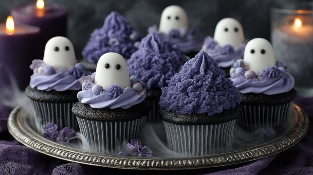 Dark Purple Halloween Ghost Cupcakes on Silver Plate