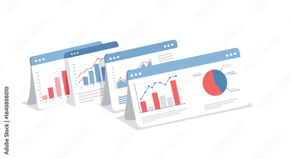 Poster isometric business analytics dashboard with graphs and charts