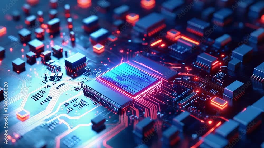 Poster cpu processing data on motherboard with glowing connections