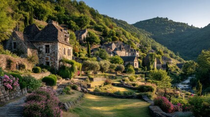 Obraz premium Stone Village on a Hillside bathed in Morning Sunlight