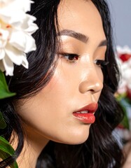 Asian Woman with Glossy Lips Surrounded by White Flowers in Soft Natural Light