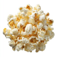 A close-up of popcorn kernels.  Fluffy, light-yellow kernels clustered.  Against white background