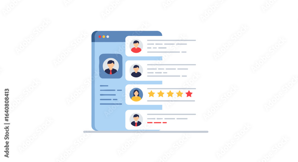 Poster user interface design with customer reviews and ratings in a flat style