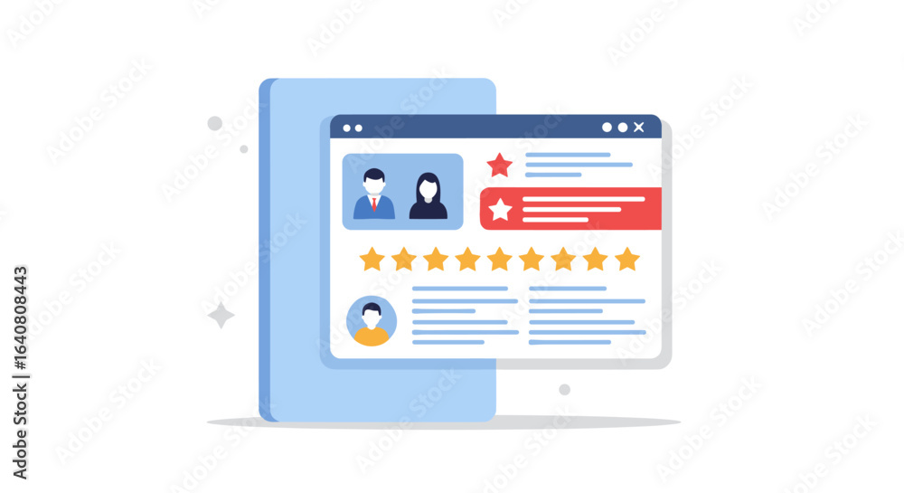 Poster flat design user profiles with star ratings and reviews on minimalistic interface