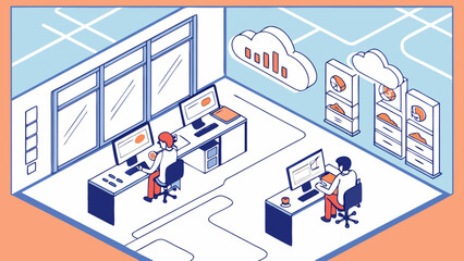 Isometric office scene depicting two people working at desks with cloud data visualizations displayed
