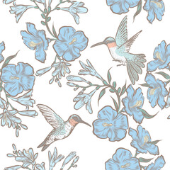 Seamless pattern of bird and flower hand draw by painting application.The EPS file is vector and can be edited shape, layout and background color.	