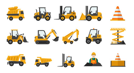 Flat construction equipment icons collection with vehicles and tools