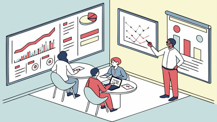Illustration of a business meeting with data charts and a presenter in a modern office space setting
