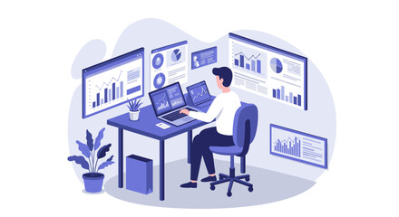 Data analyst working on multiple screens with charts and graphs in a modern workspace