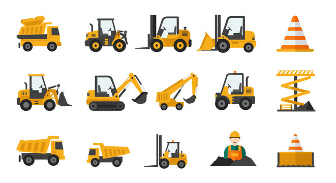 Flat construction equipment icons collection with vehicles and tools