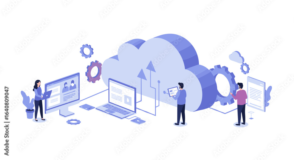 Poster isometric cloud computing concept with team collaboration and technology elements