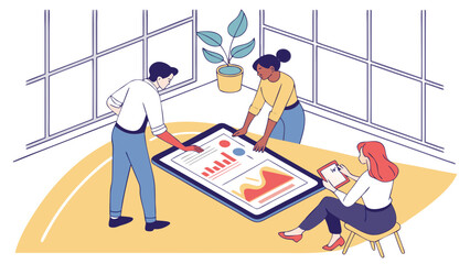 Team collaboration on data analysis with a large tablet in a modern office environment setting