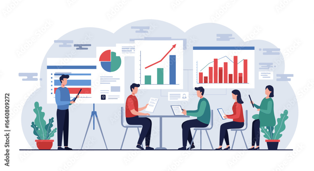 Poster business team analyzing data in modern office setting with graphs and charts