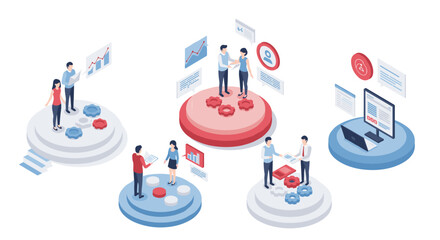 Team collaboration and workflow in business isometric design with data analysis