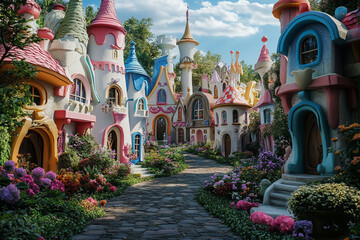 Fototapeta premium Whimsical fantasy village with colorful fairytale houses and cobblestone path
