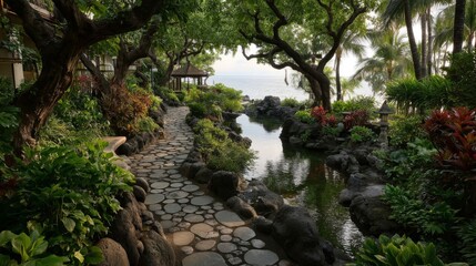 Stone Path Through Lush Tropical Garden Near Ocean