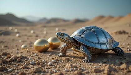 Obraz premium Surreal turtle with metallic shell and golden eggs in desert landscape shimmers in warm light