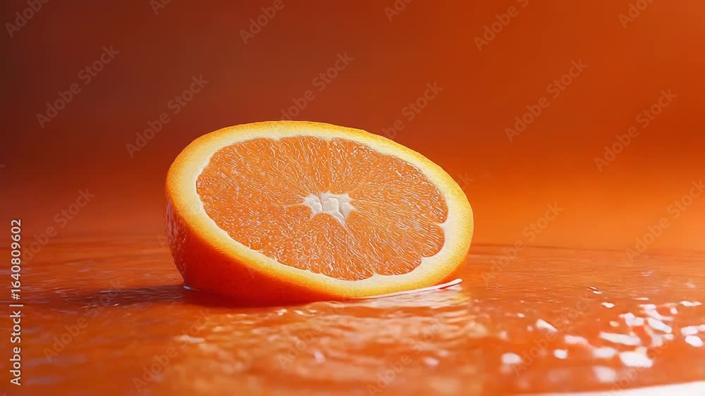 Poster orange slice splashing into orange liquid refreshing concept