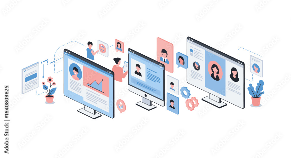 Poster isometric online networking and collaboration with modern user profiles