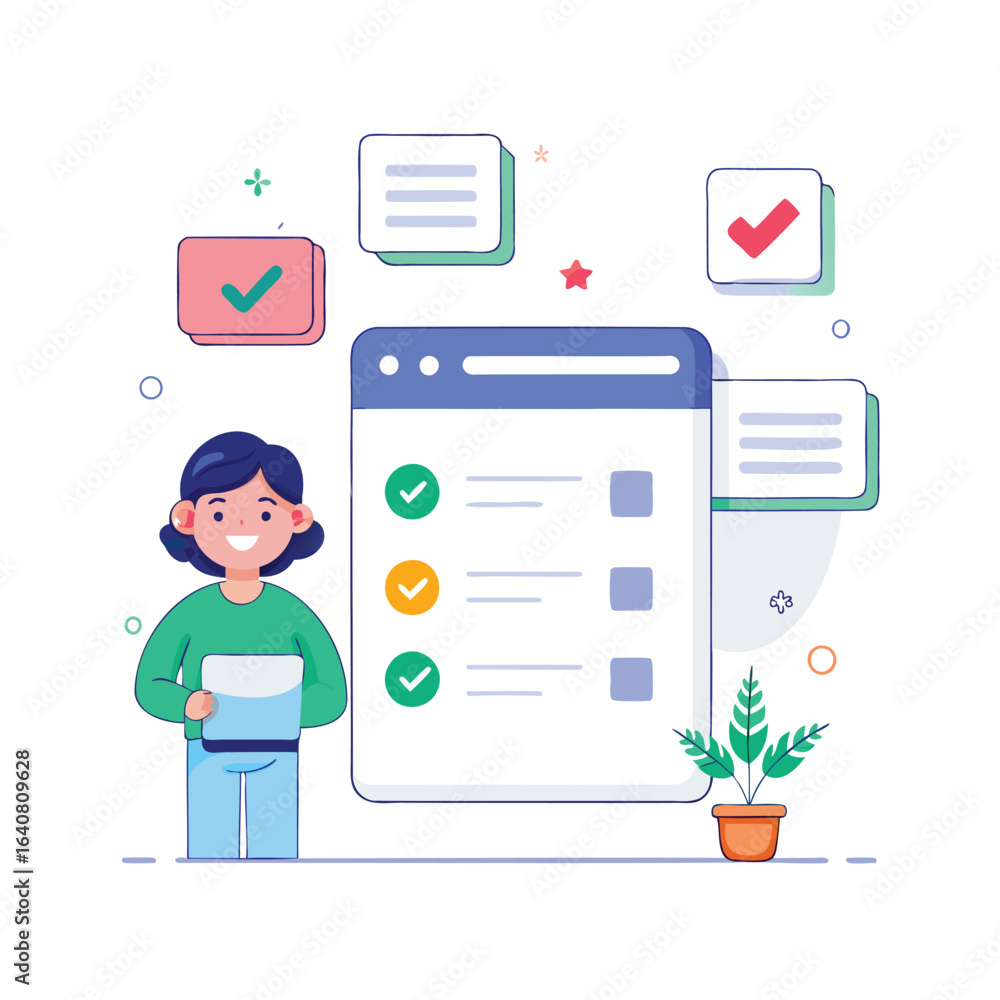 Poster woman completing tasks on a digital checklist with checkmarks