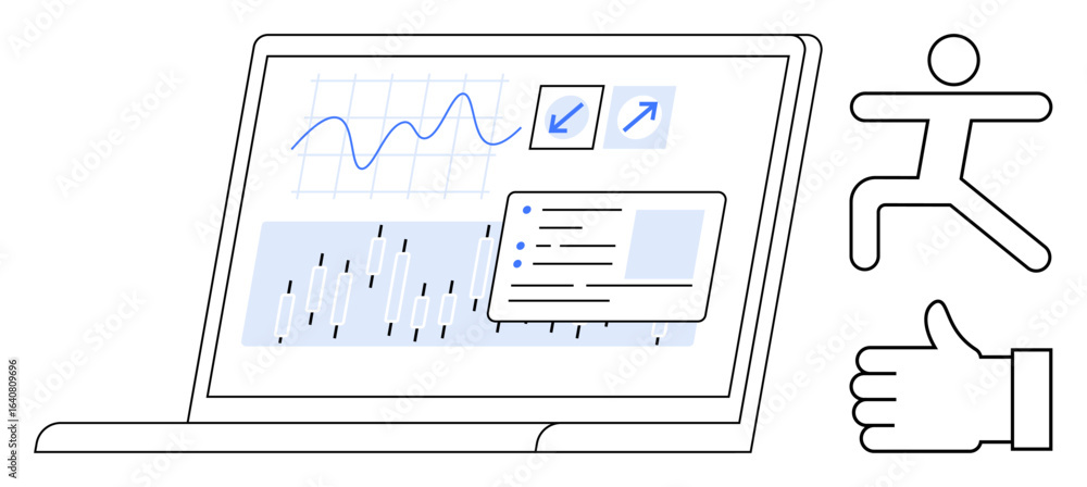 Poster laptop screen displaying analytics charts, data trends, and task details alongside movement and appr