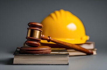 Wooden gavel rests on books, near a yellow hard hat