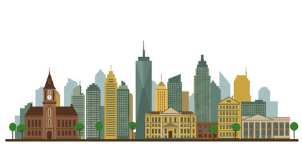 Fototapeta premium Flat style city skyline with modern and historic buildings in green and brown tones