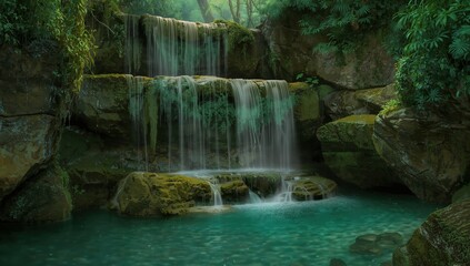 Lush waterfall cascading over mossy rocks into a tranquil emerald pool in a serene garden setting.
