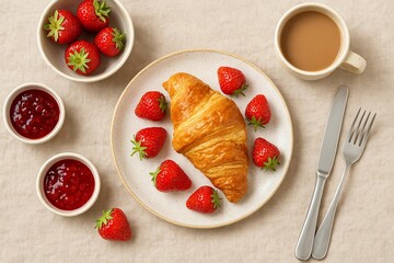 Croissant with Fresh Strawberries and Coffee