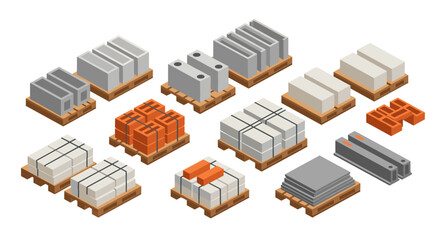 Isometric construction material pallets: bricks, concrete, steel, blocks