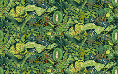 Bright vector seamless pattern with colorful tropical plants and flowers, palm leaves. Cute botanical contemporary endless background. Hand drawn unique print