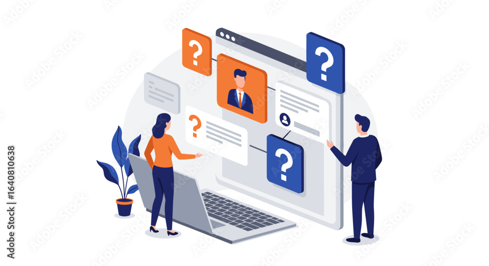 Poster collaborative online communication with avatars and question icons in isometric design