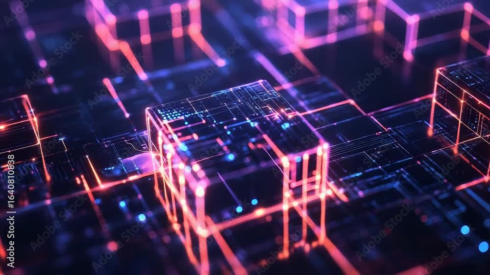 Poster futuristic server blocks transferring data through neon connections