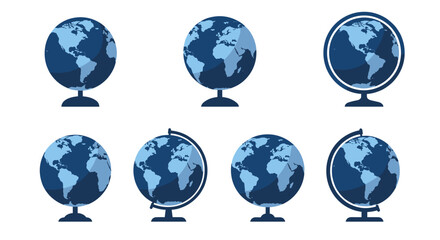 Collection of blue earth globes in different styles and angles on white background