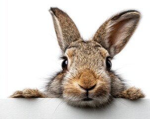 Rabbit peeking over white surface