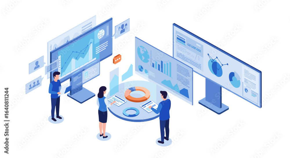Poster team collaboration on data analysis in an isometric digital workspace