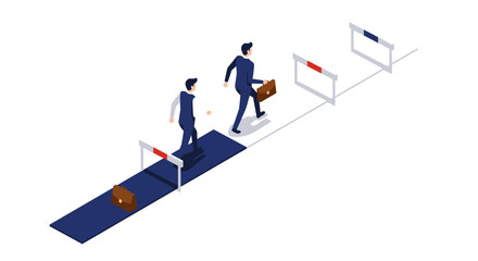 Businessman overcoming hurdles in success journey isometric design