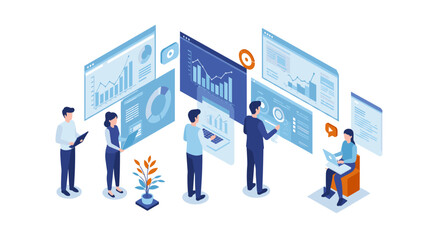 Team analyzing data in modern isometric workspace with interactive charts