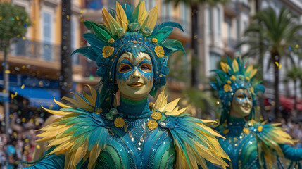 Obraz premium Exotic Feathered Performers in Colorful Costumes at Nice Carnival Parade Bringing Energy and Vibrance to French Riviera Street Festival