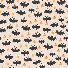 Bat Seamless Pattern. Bat Flying Hand Drawn Wallpaper Background Template for Halloween Design. Autumn Season Template for Textile, Banner, Fabric, Media. Halloween Vector Illustration