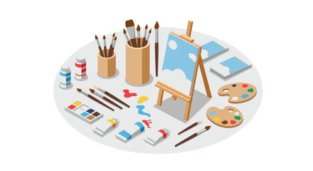 Obraz premium Isometric art supplies with easel and paints in creative studio setup