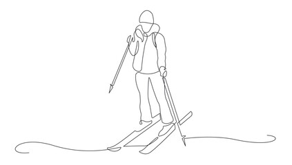 Woman Skier Continuous One Line Drawing. Skiing Sport Abstract Minimal Drawing. Winter Sport One Line Illustration Modern Trendy Contour Vector Drawing.