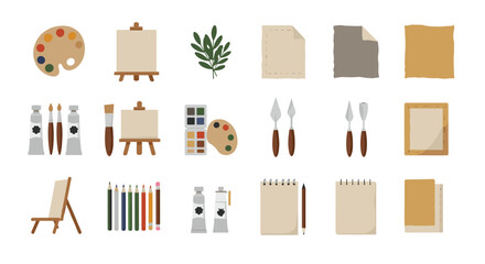 Art studio essentials: paint tubes, brushes, easels, and more in flat design