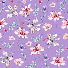 Fototapeta premium Floral Seamless Pattern Watercolor Style. Flowers Minimal Wallpaper Background Design. Botanical Template for Textile, Fabric, Print, Banner, Web, Social Media. Vector Illustration