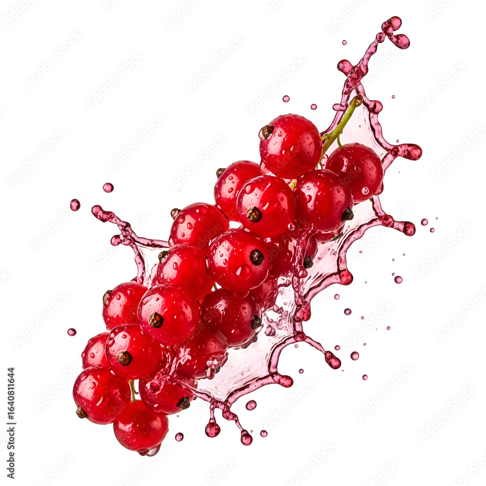 Poster red currant splashing juice on transparent background